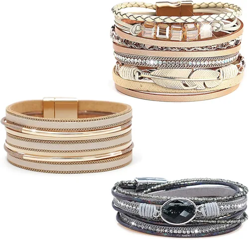 Vista 12 de Wowanoo - Juego de 3 pulseras de cuero de varias capas con cierre magnético para mujer, con cristales, ramas de árbol pulseras para mujer.
