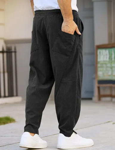 Vista 2 de COOFANDY Pantalones de pana para hombre, cintura elástica, con cordón, pantalones harén sueltos a la moda, pantalones largos casuales con 4 bolsillos