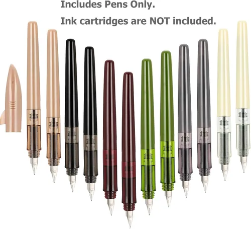 Vista 2 de Jinhao Shark - Pluma estilográfica, paquete de 12 puntas EF, tonos apagados retro (marfil, borgoña, gris, negro transparente, aguacate, té), estuche