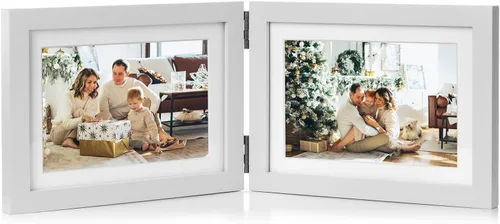 Vista 14 de Marco de fotos doble de 4 x 6 pulgadas con bisagras horizontales, marco de fotos plegable en madera de pino negro con vidrio real para mesa