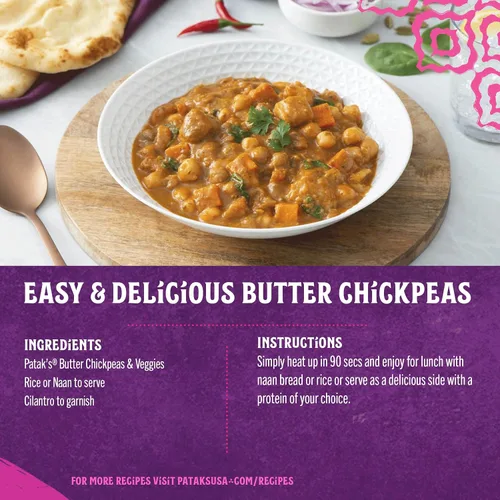 Vista 3 de Patak's Garbanzos con Mantequilla y Vegetales, 10.05 Oz (Paquete de 1) Curry Suave con Garbanzos, Espinaca, Zanahorias, Comidas Vegetarianas Listas