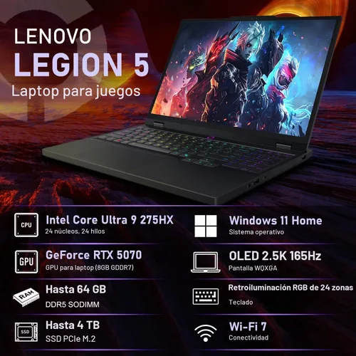 Vista 10 de Lenovo Legion 5 15.1" RTX 5070 Intel Core i9-14900HX Gaming OLED Laptop