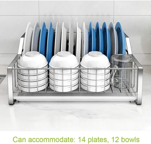 Vista 4 de Escurridor de acero inoxidable 304, escurridor de platos de una sola capa, estantes de cocina con jaula de cubiertos, ahorro de espacio