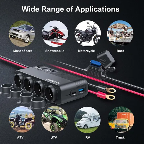 Vista 6 de Cargador de Coche Resistente de 10 Pies 12V/24V, Adaptador de Encendedor de Cigarrillos de 216W de 7 Puertos con Carga Rápida USB-C PD30W/QC3.0