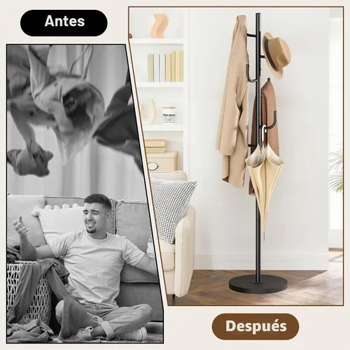 Vista 8 de MISSLO Perchero resistente independiente de 4 tamaños ajustables con base de madera estable, soporte de pie con 6 ganchos para colgar ropa, árbol