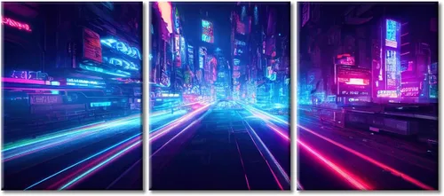 Vista 93 de Arte de pared de 3 piezas de escena de ciencia ficción de la calle comercial futurista paisaje urbano, decoración de pared para dormitorio