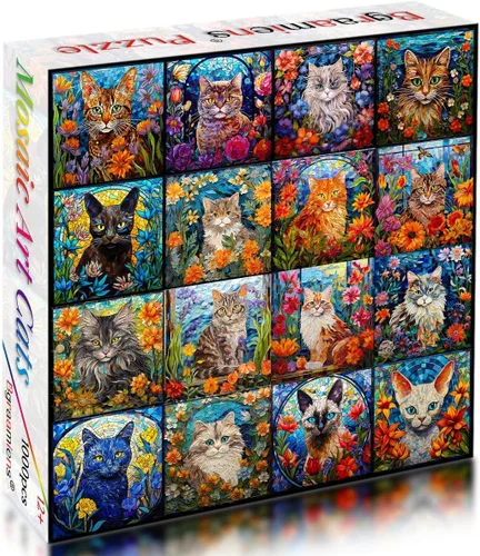 Vista 2 de Bgraamiens Rompecabezas de arte de mosaico de gatos, 1000 piezas, arte de vidrieras con gatos y flores, desafío de color para adultos
