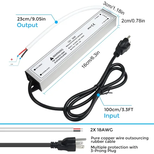 Vista 3 de LightingWill transformador impulsor LED 30 vatios, impermeable IP67, fuente de alimentación, 90-265V CA a 12V CC de baja tensión, adaptador