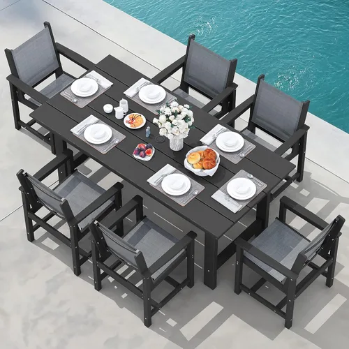 Vista 42 de SERWALL Juego de mesa de comedor de 7 piezas, muebles de comedor de polietileno de alta densidad para exteriores con agujero para paraguas y 6 Negro
