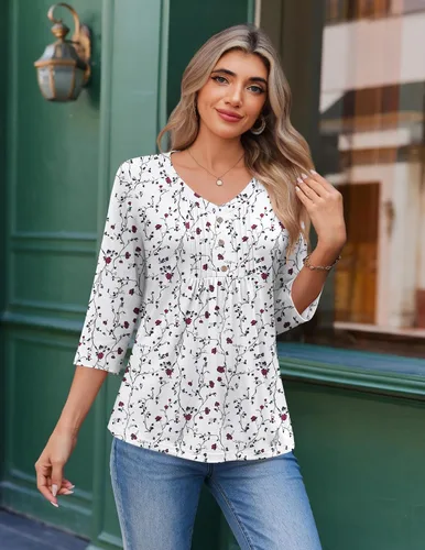 Vista 5 de Ekouaer Blusas de manga 3/4 para mujer, cuello en V, blusas plisadas casuales Floral blanco