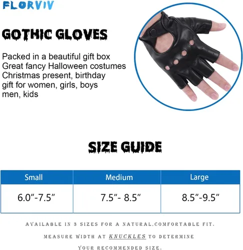 Vista 7 de FLORVIV Guantes negros sin dedos de piel sintética gótica gótica Cosplay disfraz punk Halloween actuación para mujeres y niñas