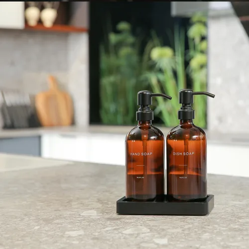 Vista 3 de Juego de dispensador de jabón ámbar Prus Waso, dispensador de jabón para fregadero de cocina con bomba de acero inoxidable negro, perfecto