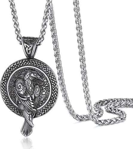 Vista 18 de PROSTEEL Thor Hammer/Thor Axe/Raven/Odin Necklace for Men Women Negro