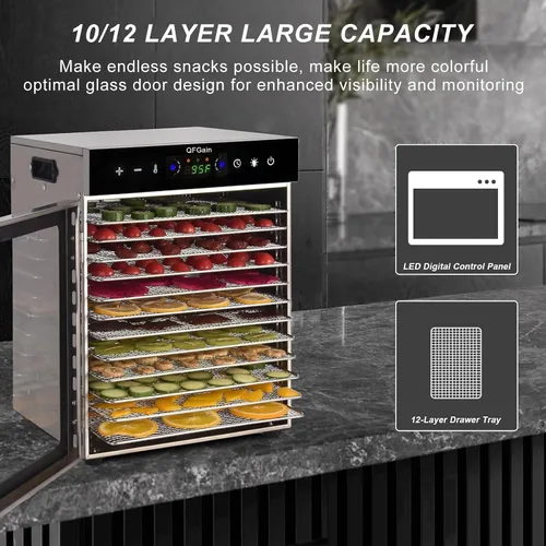 Vista 5 de Deshidratador de alimentos de 800 W, bandejas de acero inoxidable 10/12, secadora eléctrica para frutas, con ajuste digital de temperatura y 110 V