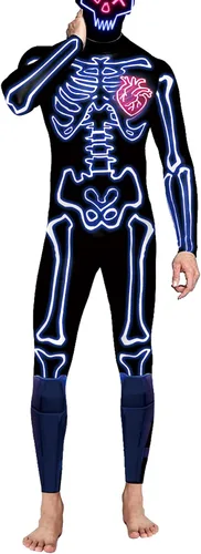 Vista 7 de Disfraz divertido de Halloween para hombre, diseño de esqueleto, overol para cosplay Negro y rojo
