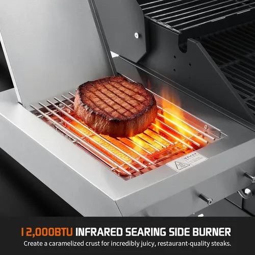 Vista 2 de Parrilla de gas propano, parrilla de barbacoa de acero inoxidable 4+1 con quemador lateral infrarrojo para cocinar al aire libre, color negro