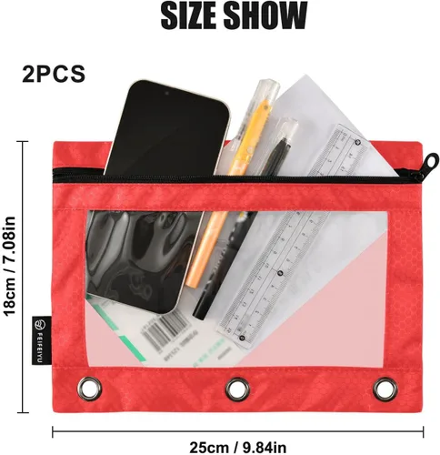 Vista 3 de Firebrick Zipper Pencil Pouch for 3 Ring Binder with Clear Window,Pencil Case 2 Pack Firebrick