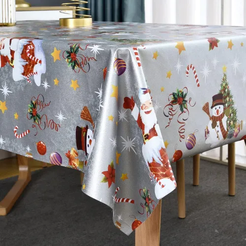 Vista 5 de TruDelve Mantel de Navidad de Plástico Rectangular de Vinilo Plateado Mantel de Mesa de Navidad Oblongo Cubierta de Mesa de Navidad con Muñeco