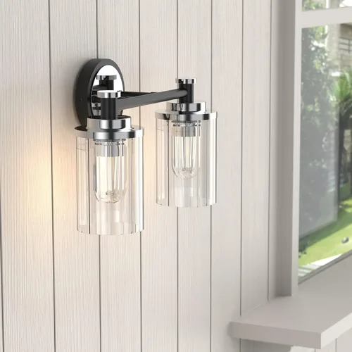 Vista 3 de Luminarias de Baño Negras y Cromadas con Pantalla de Vidrio Transparente de Rayas Cilíndricas Base de Casquillo E26 Luminarias de Baño Sobre Espejo
