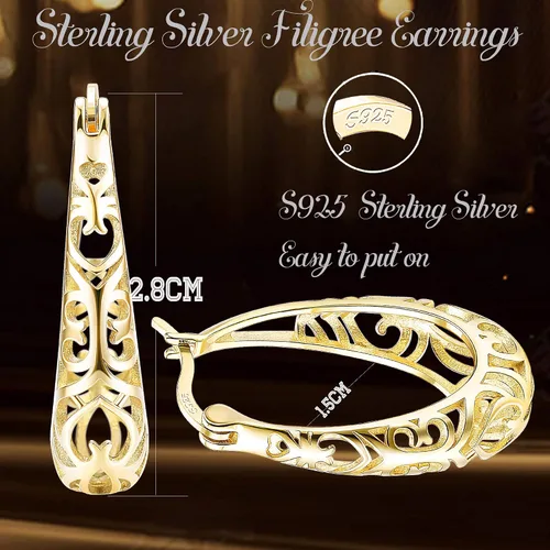 Vista 3 de Milacolato 925 Sterling Silver Hoop Earrings for Women 18K White Gold Plated Textured Filigree Oval Hoop Earrings Lightweight & Hypoallergenic