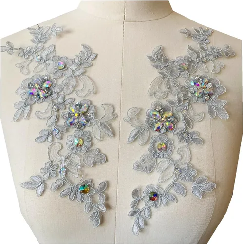 Vista 15 de Parches de tela de encaje fino bordados con diamantes de imitación bordados, decoración de vestido para coser en lentejuelas cuentas, accesorio