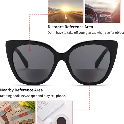 Vista 4 de JM Lentes de lectura bifocales clásicos, de gran tamaño, estilo ojo de gato, lentes de sol para mujer Cat Eye, Stylish