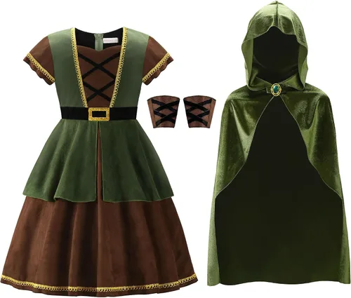 Vista 2 de ReliBeauty - Disfraz de arquera para niñas, disfraz de cazadora para niñas con capa, verde