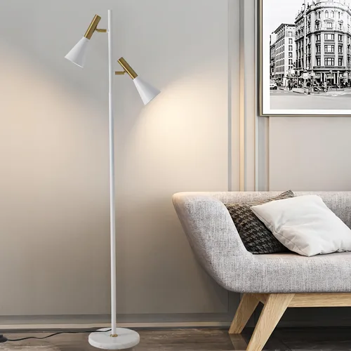 Vista 2 de Elegante lámpara de pie moderna con 2 cabezales ajustables, lámparas de pie blancas y doradas con base de mármol, luz vertical de poste alto
