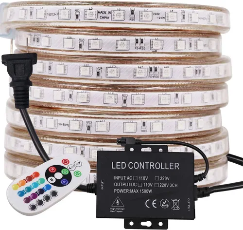 Vista 8 de Tira de luces LED RGB de alto voltaje, CA 110 V-120 V, 60 unidades SMD 5050 LED, control remoto, multicolor cambiante, impermeable, flexible