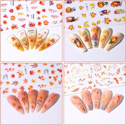 Vista 6 de Calcomanías de arte de uñas de hoja de arce de otoño, hojas de otoño 3D, diseño de calabaza y hongos para uñas, decoración de calcomanías