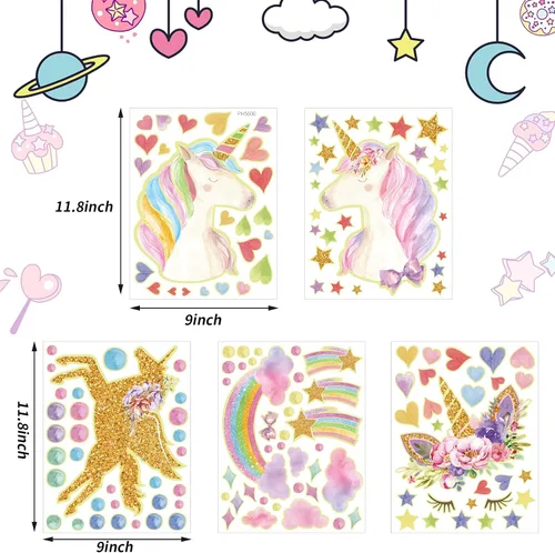 Vista 3 de Calcomanías de pared con estrellas que brillan en la oscuridad, calcomanías murales de unicornio brillantes con flores de arco iris, corazón, nubes