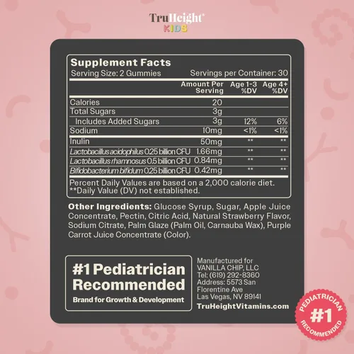 Vista 5 de TruHeight Gomitas prebióticas y probióticas para niños a partir de 2 años (sabor a fresa) para niños pequeños y niños, salud intestinal natural