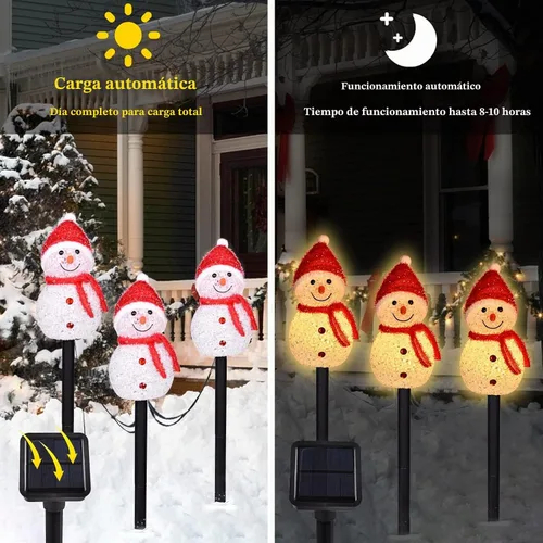 Vista 2 de 3 piezas de luces de Navidad solares con forma de muñeco de nieve, luces solares para caminos de paisaje con estacas, luces de Navidad