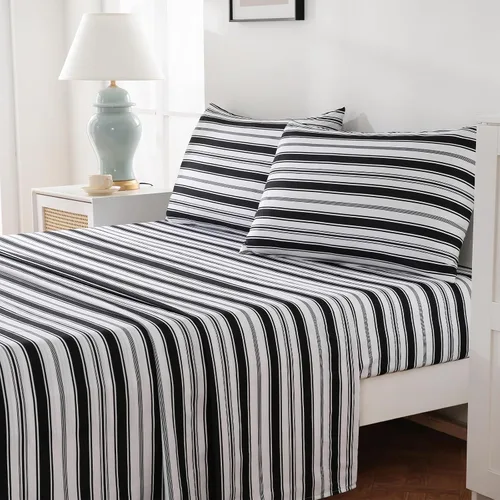 Vista 3 de MCO Juego de sábanas a rayas de 4 piezas, juego de sábanas Full transpirable con bolsillo profundo de 16", moderno y lujoso, juego de ropa de cama