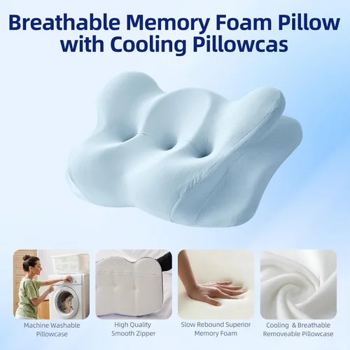 Vista 7 de FUNCCUBE Almohada cervical para el cuello – Almohadas de espuma viscoelástica para aliviar el dolor dormir con funda de almohada refrescante, Azul