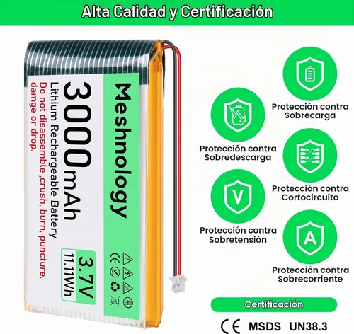 Vista 2 de Batería Li de 3.7 V 3000 mAh con cable de cargador USB 103665 1S Batería LiPo con placa de protección, cinta de goma aislada y enchufe micro JST