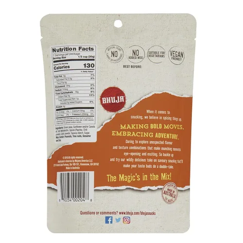 Vista 2 de Bhuja Majans - Guisantes sazonados crujientes, 7 onzas, sin OMG, sin gluten, veganos, 0.23 onzas de proteína por porción, sin MSG añadido, sin
