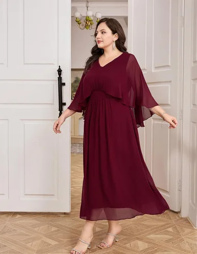 Vista 3 de Hanna Nikole Vestido de fiesta de noche de gasa con cuello en V para mujer, talla grande, manga capa, maxi vestidos para invitados de boda
