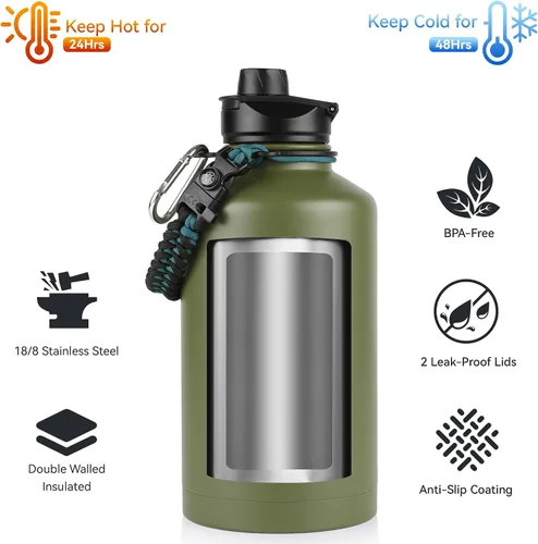 Vista 2 de Botella de agua aislada de 64 onzas con tapas de pajita y boquilla, jarra de agua de acero inoxidable de medio galón con mango de paracord, vacío