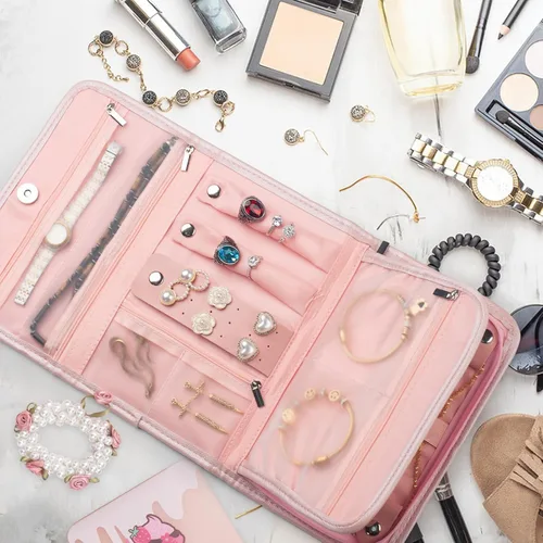 Vista 8 de Organizador de joyas de viaje pequeño plegable organizador de viaje de joyería rosa, bolsa de joyería rosa, organizador de viaje, organizador