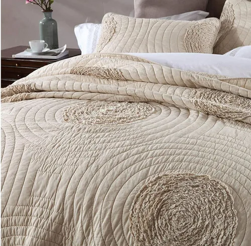 Vista 4 de ABREEZE Juego de edredón tamaño Queen, 100% algodón, color beige, con patrón floral 3D, edredones y colchas de estilo moderno con 2 fundas
