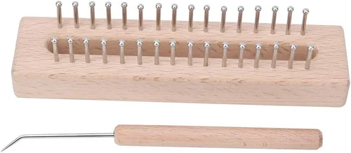 Vista 9 de Máquina de tejer rectangular de madera, telar de tejido a mano de madera natural con agujas de gancho curvadas de metal para bufandas, chales