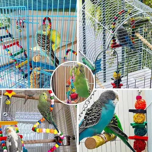 Vista 6 de Kit de juguetes de loro de madera de 7 piezas con columpio, escalera y bola Columpio de madera curvada natural para pájaros, soporte de perca