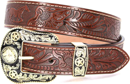 Vista 27 de Western Cowboy - Cinturón de cuero genuino con hebilla grabada, estilo country rodeo para hombre 8052 2cocodrilo Cf