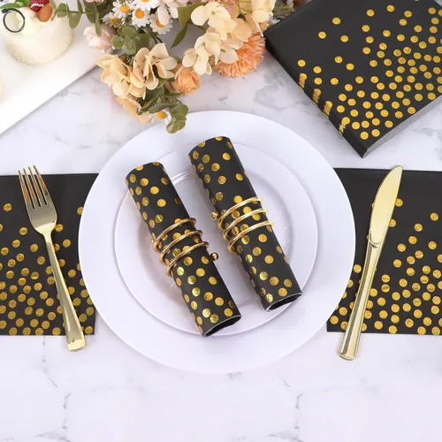 Vista 5 de 100 servilletas de cóctel desechables negras – Servilletas de papel negro y dorado para cumpleaños, boda, aniversario, Año Nuevo, fiesta