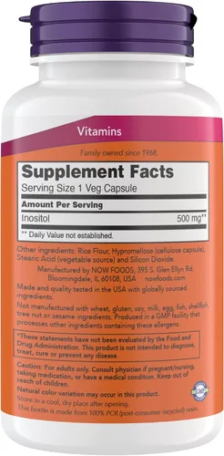 Vista 2 de NOW Foods Inositol 500 mg, forma superior de mio-inositol, para la función saludable de las membranas*, salud celular*, apoyo para mujeres* Kosher