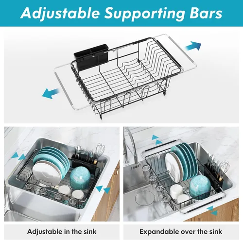 Vista 2 de Estante de secado de platos expandible sobre el fregadero en acero inoxidable para cocina pequeña, escurridor de platos moderno y compacto de metal