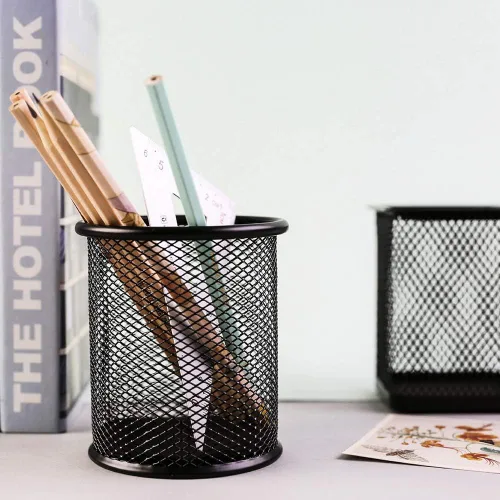 Vista 7 de Ameceres Paquete de 4 soportes de malla de alambre para lápices, vasos de metal, estuche organizador de bolígrafos, tarro negro para oficina y hogar