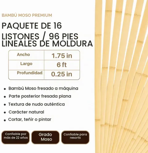 Vista 2 de amaZulu - Láminas de bambú de 1.75 pulgadas x 6 pies, ribete y molduras de bambú natural de Moso, paquete de 16, bordes de pared, borde