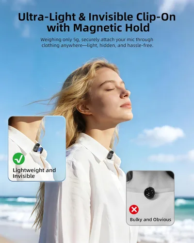 Vista 7 de Mini micrófono inalámbrico Lavalier para iPhone y cámara Android, micrófonos inalámbricos de doble canal con cancelación de ruido AI, rango de 328